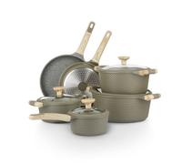 KASANOVA Batterie de cuisine 10 pièces Bambou vert. Fabriqué en aluminium antiadhésif à 4 couches, fond de 4 mm et poignées en bakélite douce au toucher