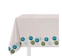 KASANOVA Nappe de Noël Blanche avec Boules Colorées et Inscription “BUON Natale” - Linge de Table en Coton (Bleu pétrole, 140x240)