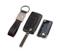 KASER Coque Clé Télécommande Plip 3 Boutons Peugeot 107 207 307 407 308 409 407 607 (no Battery Place) avec Porte-Clés en Cuir