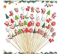KASESSS 100 Pieces Pique Aperitif de Noël, Pic Aperitif, Bâtonnets de Cocktail de Noël, 12cm Bâtonnets Cocktail, Pic Brochette Bois avec 14 Modèles de Noël pour Apéritifs Fruits Décoration de Fête