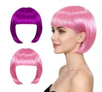 KASESSS 2 PièCes Rose Violet Perruque Femme, 25 Cm Perruques Bob Avec Frange De FêTe RéSistante à La Chaleur Perruque SynthéTique Droite Perruques Cosplay Pour Le Carnaval, Motto-Party