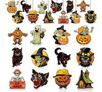 KASESSS 24 Pieces/12 Styles Halloween DéCoration d'arbre en Bois DéCorations d'halloween à Suspendre Vintage Citrouilles, FantôMes, SorcièRes, Chats pour Halloween Ornements Interieur ExtéRieur