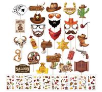 KASESSS 30 Pièces Accessoires Photobooth Far West avec 10 Feuilles Tatouage Ephemere Cowboy, Décoration de Fête Western Cowboy Occidental pour Anniversaire, Fête Musique Country, Thème Halloween