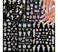 KASESSS 5 Feuilles Fleur Stickers Ongles, 5D en Relief Ongles Nail Art Décoration, Stickers Ongless Nail Art, Accessoires Ongless Autoadhésif Deco Orné de Papillons et de Cœurs pour Femmes et Filles