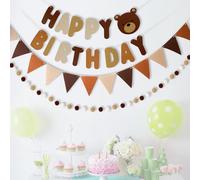 KASESSS Banderole Joyeux Anniversaire - Kit de Décoration avec Guirlande Pompon et Fanion - Marron Ours pour Fête