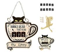 KASESSS Compteur de Livres lus Cette Année, Tasse Chat Noir Panneau de Contrôle de Lectures, Décoration en Bois pour Bibliothèque avec Trois Jeux de Cartes Numérotées pour Coin D'Étude Lecteur, Noir