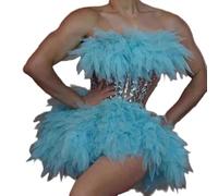KASFDBMO Ensemble de 2 tenues de scène sans manches avec strass et plumes - Ensemble de jupes de drag Queens - Accessoires photo, bleu ciel, M