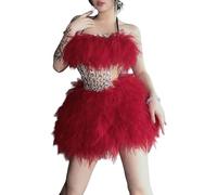 KASFDBMO Ensemble de 2 tenues de scène sans manches avec strass et plumes - Ensemble de jupes de drag Queens - Accessoires photo, Rouge, M
