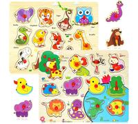 KASFL-2 Pcs Puzzles En Bois Pour Enfants 1 2 3 Ans,Puzzle Bois Bouton,Puzzle Encastrement Pour Bebe Garçons Filles,Educatifs Jouet Cadeau Anniversaire,Animal Puzzles En Bois