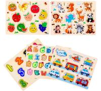 KASFL-5 Pcs Puzzles En Bois Pour Enfants,Jouet Éducatif D'Éveil Montessori Pour Bébés,Alphabet Nombre Forme Véhicules Fruit Animal Jeuets Educatifs Apprentissage Pour Bébés 1 2 3 Ans