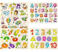 KASFL-5 Puzzles En Bois À Bouton,Jouet Éducatif Montessori Puzzle En Bois À Encastrement Puzzle De Animaux Nombres Alphabet Véhicules,Cadeau Pour Bébés Garçons,Filles Tout-Petits 1 2 3 4 Ans
