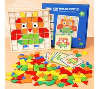 KASFL-Forme Mosaique Puzzle En Bois Tangrams Enfant,Mosaic Puzzle Sensory Game,120 Formes De Jouets Montessori Enfant 4 5 6 7 Ans Et 20 Cartes De Conception,Cadeaux Pour Garçons Et Filles