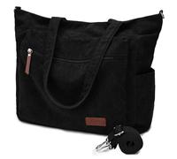 Kasgo Grand Cabas Femme Velours Côtelé, Léger Sac Fourre Tout Zippé 15,6 Pouces Poches Multiples Pratique Sac à Main Bandoulière avec Bandoulière Amovible pour Travail École Voyage Gym Noir