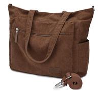 Kasgo Grand Cabas Femme Velours Côtelé, Léger Sac Fourre Tout Zippé 15,6 Pouces Poches Multiples Pratique Sac à Main Bandoulière avec Bandoulière Amovible pour Travail École Voyage Gym Marron