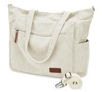 Kasgo Grand Cabas Femme Velours Côtelé, Léger Sac Fourre Tout Zippé 15,6 Pouces Poches Multiples Pratique Sac à Main Bandoulière avec Bandoulière Amovible pour Travail École Voyage Gym Blanc