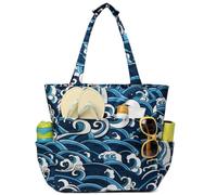 Kasgo Sac de Plage Femme, 22,7L Poches Multiples Grand Sac Cabas Zippé Femme d'Été Pliable Résistant à l'Eau Sac de Piscine Tote Bag pour Voyage Vacances Achats Vague de Mer