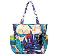 Kasgo Sac de Plage Femme, 22,7L Poches Multiples Grand Sac Cabas Zippé Femme d'Été Pliable Résistant à l'Eau Sac de Piscine Tote Bag pour Voyage Vacances Achats Feuille de Palme