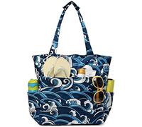 Kasgo Sac de Plage Femme, Poches Multiples Grand Sac Cabas Zippé Femme d'Été Pliable 17,5L Résistant à l'Eau Sac de Piscine Tote Bag pour Voyage Vacances Achats Vague de Mer