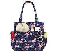 Kasgo Sac de Plage Femme, Poches Multiples Grand Sac Cabas Zippé Femme d'Été Pliable 17,5L Résistant à l'Eau Sac de Piscine Tote Bag pour Voyage Vacances Achats Flamant