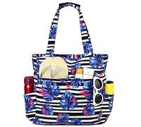 Kasgo Sac de Plage Femme, Poches Multiples Grand Sac Cabas Zippé Femme d'Été Pliable 17,5L Résistant à l'Eau Sac de Piscine Tote Bag pour Voyage Vacances Achats Bandes et Feuilles