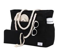 Kasgo Sac de Plage Femme XXL, Grand Poches Multiples Sac Cabas Été avec Pochette Zippée Résistant à l'Eau et au Sable Tote Bag pour Voyage Piscine Gymnase, Noir
