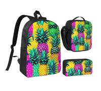 Kashinn Ensemble sac à dos avec sac à déjeuner et trousse à crayons en tissu Oxford coloré imprimé ananas