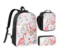 Kashinn Ensemble sac à dos avec sac à déjeuner et trousse à crayons en tissu Oxford imprimé floral et flamant rose