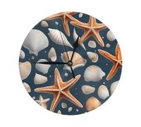 Kashinn Horloge murale moderne ronde silencieuse unique avec impression étoile de mer et coquillages, horloge analogique sans tic-tac pour la décoration de la maison et du bureau