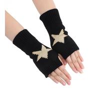 KASLCWA Mitaines sans Doigts en Forme D'étoile Imprimée, Chauffe Bras Tricotés avec Trou pour Les Pouces, Demi Doigts Gants, Impression D'étoiles Gants pour Femmes (Noir)