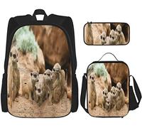 kaslhsQ Lot de 3 sacs à dos animaux sauvages suricate dans la grotte de prairie cartable trousse à crayons sac déjeuner combinaison Studen