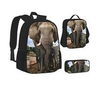 kaslhsQ Lot de 3 sacs d'école avec sac à déjeuner, trousse à crayons, sac à dos pour ordinateur portable, sac à dos d'école, motif animaux sauvages africains