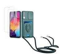 Kaslly Cordon de Coque Compatible avec Samsung Galaxy A30S/A50S/A50+[2 Pièces Verre Trempé],Couvercle Coulissant de la Caméra+Support Annulaire à 360 Degrés,Fentes pour Cartes-Vert foncé