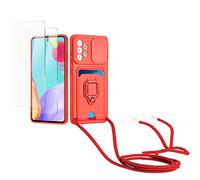 Kaslly Cordon de Coque Compatible avec Samsung Galaxy A52 4G/5G/A52S 5G+[2 Pièces Verre Trempé],Couvercle Coulissant de la Caméra+Support Annulaire à 360 Degrés,Fentes pour Cartes Silicone Case-Rouge