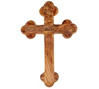 Kassis Croix murale en bois d’olivier avec bords arrondis - Crucifix sobre à suspendre, fabriqué à Bethléem - Pour confirmation, baptême ou communion - Texte personnalisé, 13 cm