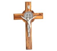 Kassis Geschenkartikel Croix de Saint Benoît en bois d'olivier - Croix murale chrétienne faite main à Bethléem pour baptême et communion - 12 x 8 cm (sans gravure), Saint Benoît