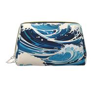 kastiong Trousse de maquillage portable en cuir pour femme - Organisateur de cosmétiques de voyage, grande pochette de maquillage imprimée de vagues de style Ukiyo-e