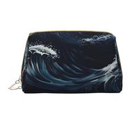 kastiong Trousse de maquillage portable en cuir pour femme - Organisateur de cosmétiques de voyage, grandes vagues de l'océan dans une pochette de maquillage imprimée bleue