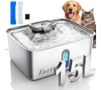 Kastty Fontaine à eau pour chien de 15 l, fontaine à eau en acier inoxydable de grande capacité avec lumière LED de niveau d'eau, distributeur d'eau ultra silencieux pour grands animaux de compagnie