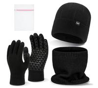 KASURE 3 en 1 Ensemble Hiver Bonnet Écharpe Gants Unisexe, Gants Hiver Tactile, Tricoté Doublé Polaire Chaud pour Homme Femme, Cache-Cou Extensible pour Activités Sportives de Plein Air(Noir)