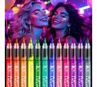 KASURE Peinture Corporelle Lavable, Stylo UV 12 Couleurs, Peinture Phosphorescente Corps, Marqueurs de Tatouage Peau Solubles, Maquillage Fluorescent dans le Noir, pour Fêtes,Soirées Fluos