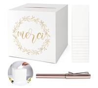 KASURE Urne Mariage Carton pour Enveloppe et Cartes 22 * 22 cm,Blanche, Idéale pour Mariage, Baptême, Anniversaire, Diplôme avec 10 Cartes & Stylo Doré