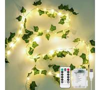 KASZOO Guirlande de lierre artificiel à 100 LED avec télécommande - Fonctionne avec piles et USB - 10 m - Pour la maison, la cuisine, le jardin, le bureau, la décoration murale de mariage (blanc chaud