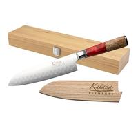 Katana Saya Elements Couteau Santoku 18 cm, rouge volcanique - Acier Damas VG-10 à haute teneur en carbone - Extrême résistance et tranchant- Manche en bois d'olivier et résine