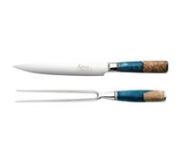 Katana Saya Elements Ensemble Couteau et Fourchette à Découper 20cm, bleu ocean - Acier Damas VG-10 à haute teneur en carbone - Extrême résistance et tranchant- Manche en bois d'olivier et résine