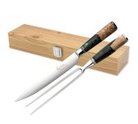 Katana Saya Elements Ensemble Couteau et Fourchette à Découper 20cm, vert forêt tropicale - Acier Damas VG-10 à haute teneur en carbone - Résistance et tranchant- Manche en bois d'olivier et résine