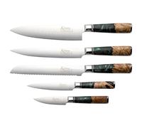 Katana Saya Elements Ensemble de 6 Couteaux avec Bloc, vert forêt tropicale - Acier Damas VG-10 à haute teneur en carbone - Extrême résistance et tranchant- Manche en bois d'olivier et résine