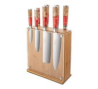 Katana Saya Elements Ensemble de 9 Couteaux avec Bloc, rouge volcanique - Acier Damas VG-10 à haute teneur en carbone - Extrême résistance et tranchant- Manche en bois d'olivier et résine