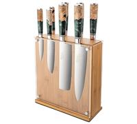 Katana Saya Elements Ensemble de 9 Couteaux avec Bloc, vert forêt tropicale - Acier Damas VG-10 à haute teneur en carbone - Extrême résistance et tranchant- Manche en bois d'olivier et résine