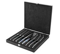 Katana Saya Ensemble de 8 couteaux à steak et fourchettes Pearl - Acier Damas VG-10 à haute teneur en carbone - Manche en acrylique avec motif en nacre