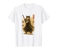 Katana Warrior Cat Japonais Encre Lavée Samouraï Art T-Shirt